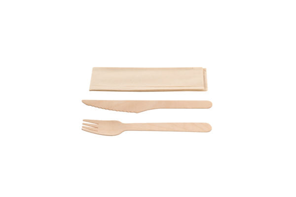 Wooden set fork,knife+kraft napkin (5*100)