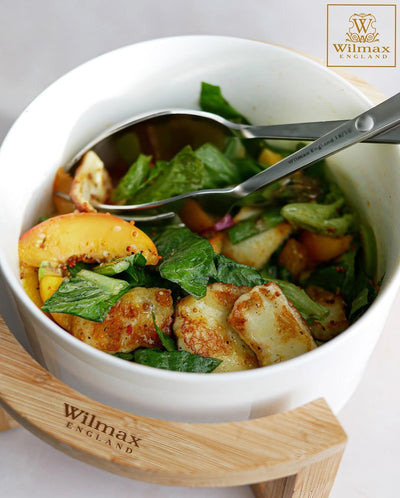 Individual Small Salad Bowl Set With Serving Tongs And A Bamboo Stand