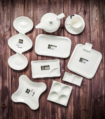 Set Of 6 White Square Platter With Sauce Compartment 8" inch X 8" inch |