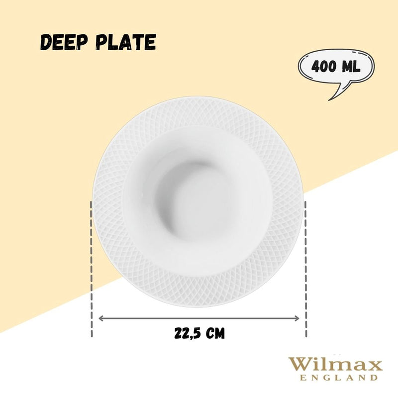 White Porcelain Deep Plate With Embossed Wide Rim 9" inch | For soup, pasta, salad