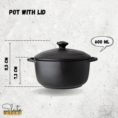 Black Porcelain Slate look Pot With Lid 7" inch X 4.25" inch | 20 Fl Oz