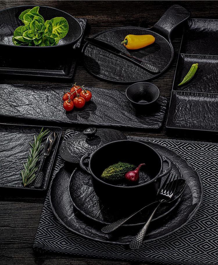 Black Porcelain Slate look Round Serving Dish With Handle 12" inch X 8.5" inch |