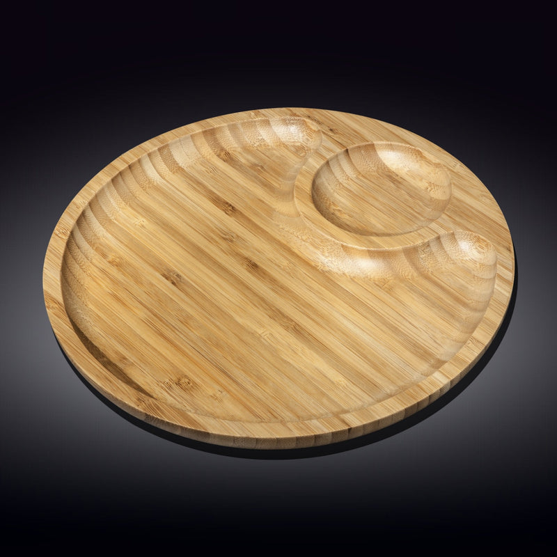 Set Of 3 Bamboo Round 2 Section Platter 14" inch | For Appetizers / Barbecue / Burger Sliders