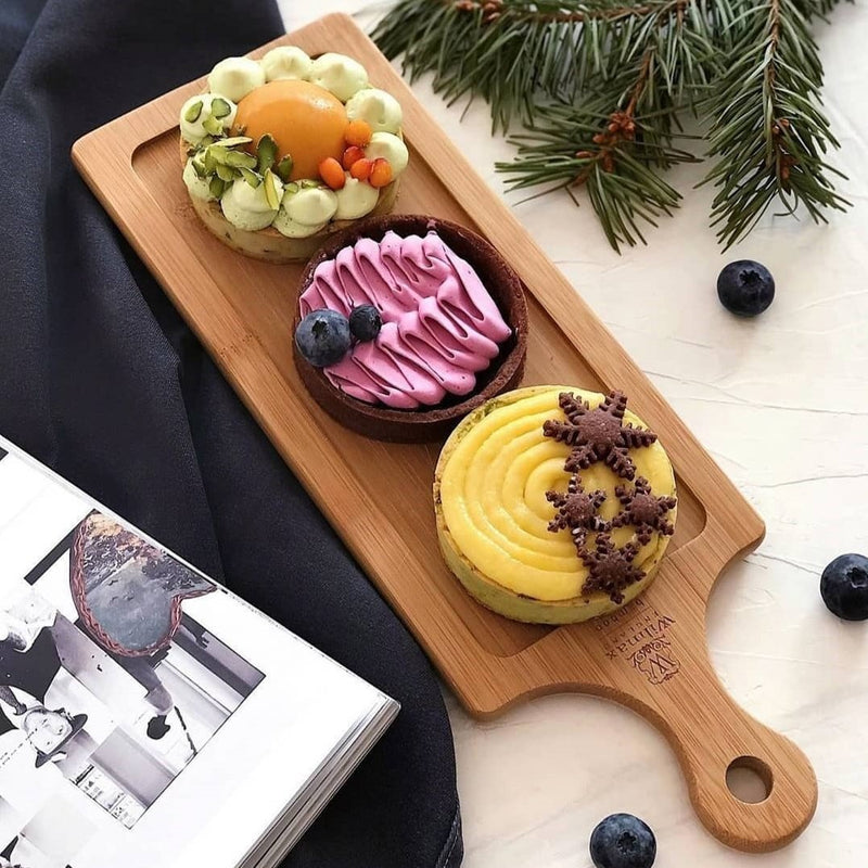 A Mignardises (Petit Four) Serving Set With Bamboo Long Tray And Porcelain Dishes To Match