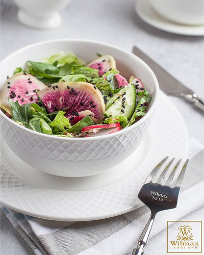 White Dining Bowls With Embossed Design, Set of Seven In A Gift Box