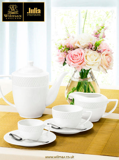 White 8 Oz Tea Cup & 6" inch Saucer Set Of 6 In Gift Box