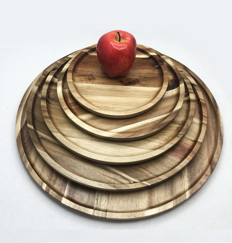 [ Set of 3 ] Zavis Green Acacia Wood Round Stackable Plate / Platter 10" | Dishwasher Safe