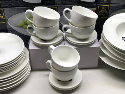 HUGE 30 - Piece Kitchen Dinnerware Set, Plates, Dishes, Bowls, cups and saucers Service for 6 Pure European White. Economy line