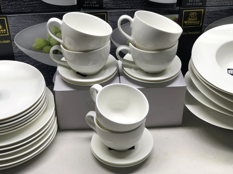 HUGE 30 - Piece Kitchen Dinnerware Set, Plates, Dishes, Bowls, cups and saucers Service for 6 Pure European White. Economy line