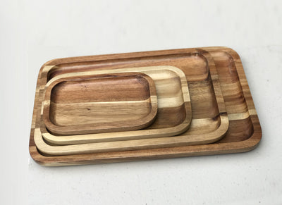 [ Set of 3 ] Zavis Green Acacia Wood Serving rectangle StackableTray / Dish 10" X 7" | Dishwasher Safe