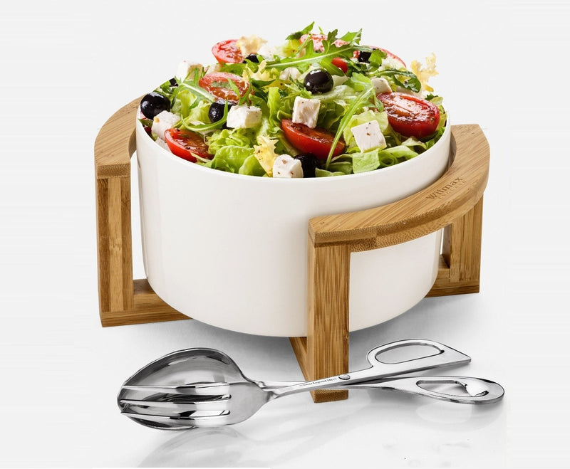 Medium Salad Bowl Set With Serving Tongs And A Bamboo Stand