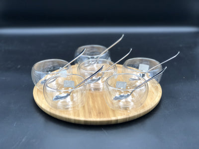 Ice-Cream Presentation Set With 6 Large Thermo Bowls And Spoons And Round Bamboo Platter