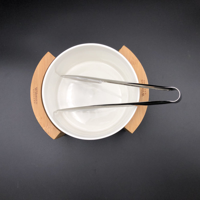 Medium Salad Bowl Set With Serving Tongs And A Bamboo Stand