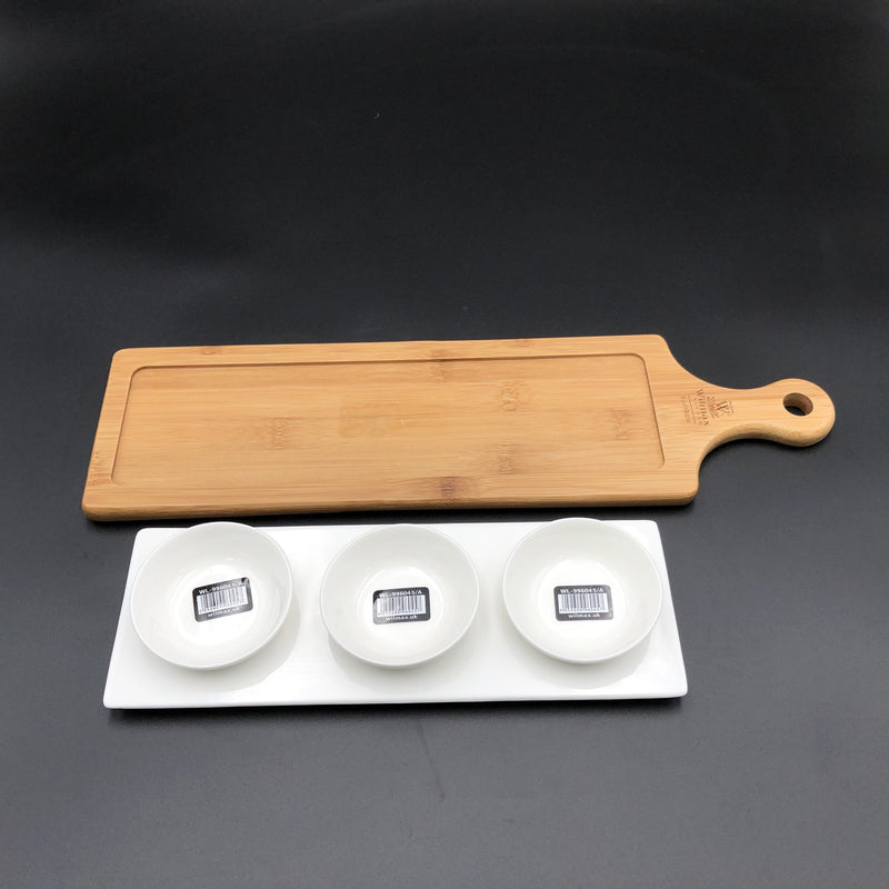 A Mignardises (Petit Four) Serving Set With Bamboo Long Tray And Porcelain Dishes To Match