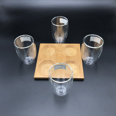 A Set Of A 4 Section Bamboo Tray With 4 Doublewalled Thermo Glasses To Match