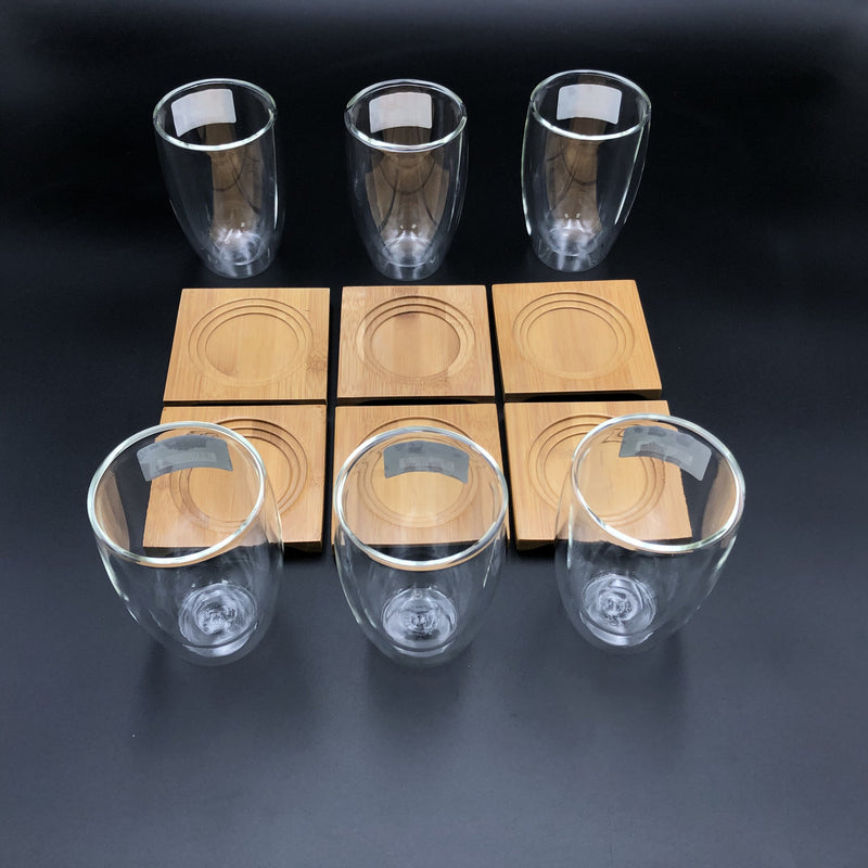 A Set Of 6 Bamboo Coaters/  Trays With 6 Doublewalled Thermo Glasses To Match WL-555031