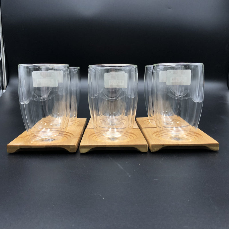 A Set Of 6 Bamboo Coaters/ Trays With 6 Doublewalled Thermo Glasses To Match