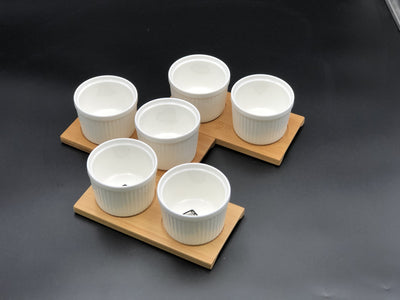 A Set Of 3 Bamboo Double Trays With 6 Fine Porcealin Ramekins To Match