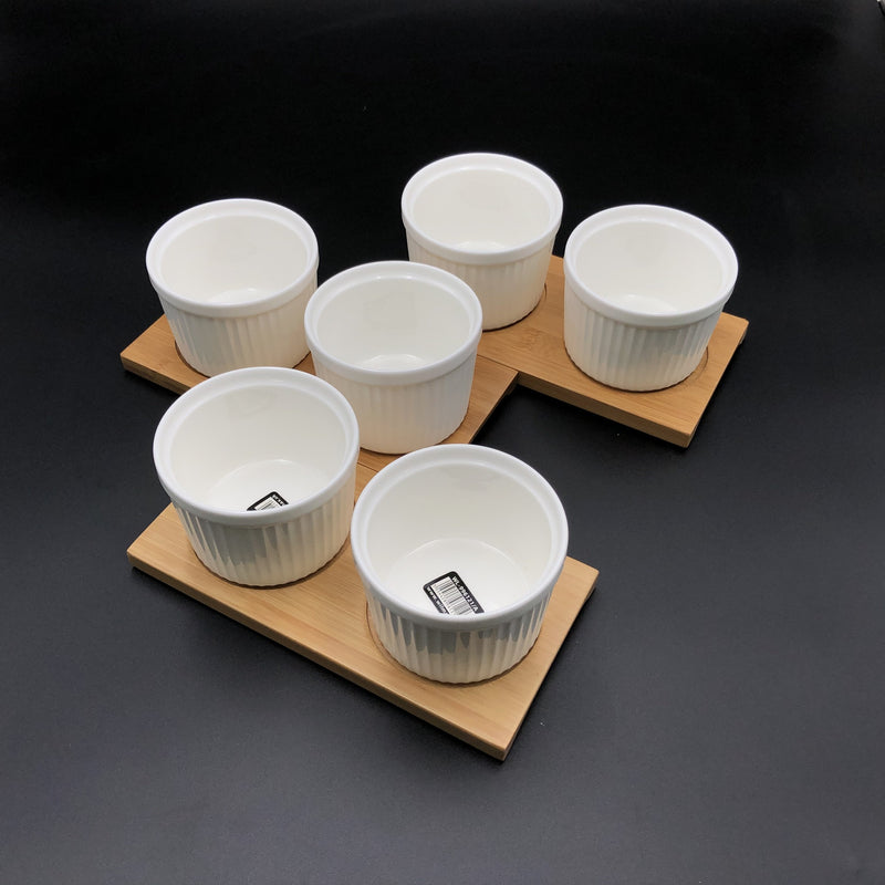 A Set Of 3 Bamboo Double Trays With 6 Fine Porcealin Ramekins To Match WL-555032