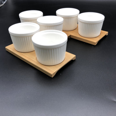 A Set Of 3 Bamboo Double Trays With 6 Fine Porcealin Ramekins To Match