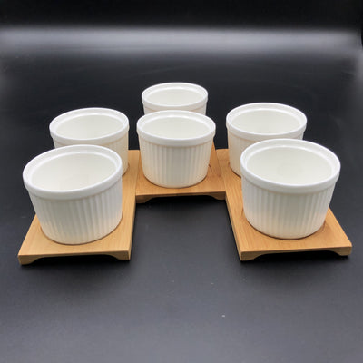 A Set Of 3 Bamboo Double Trays With 6 Fine Porcealin Ramekins To Match