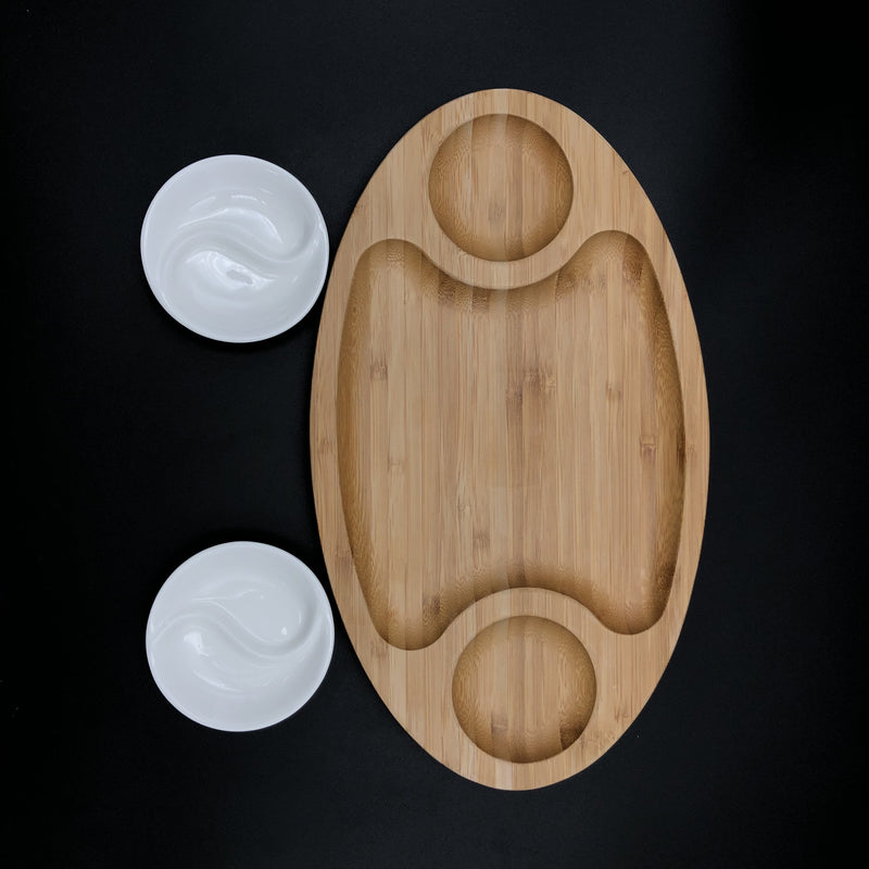 Fine Porcelain And Bamboo Serving Tray Combo Set With A Yin Yang 2 Section Saucer