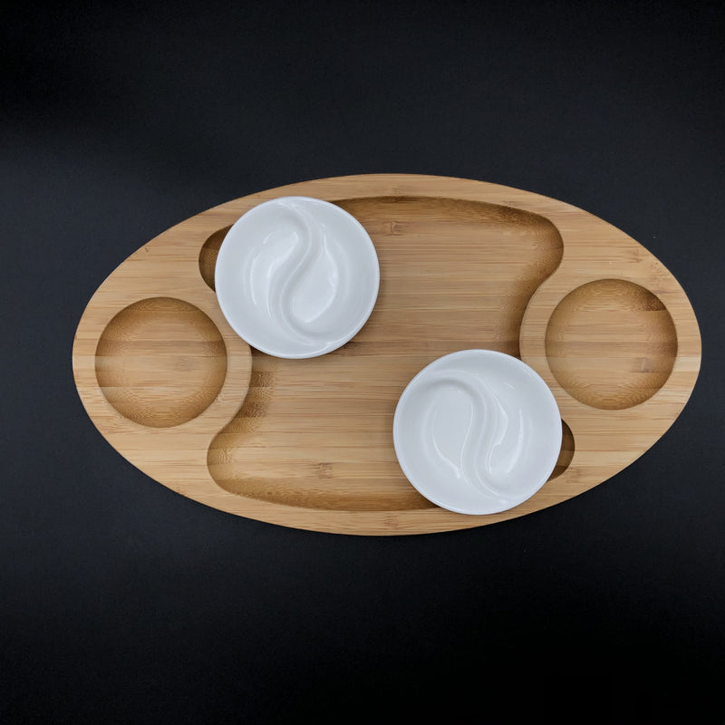 Fine Porcelain And Bamboo Serving Tray Combo Set With A Yin Yang 2 Section Saucer