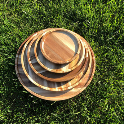 [ Set of 3 ] Zavis Green Acacia Wood Round Stackable Plate / Platter 12" | Dishwasher Safe