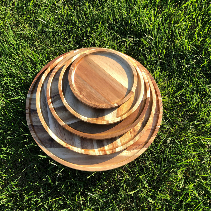 Zavis Green Acacia Wood Round Stackable Plate / Platter 8"  | Dishwasher Safe