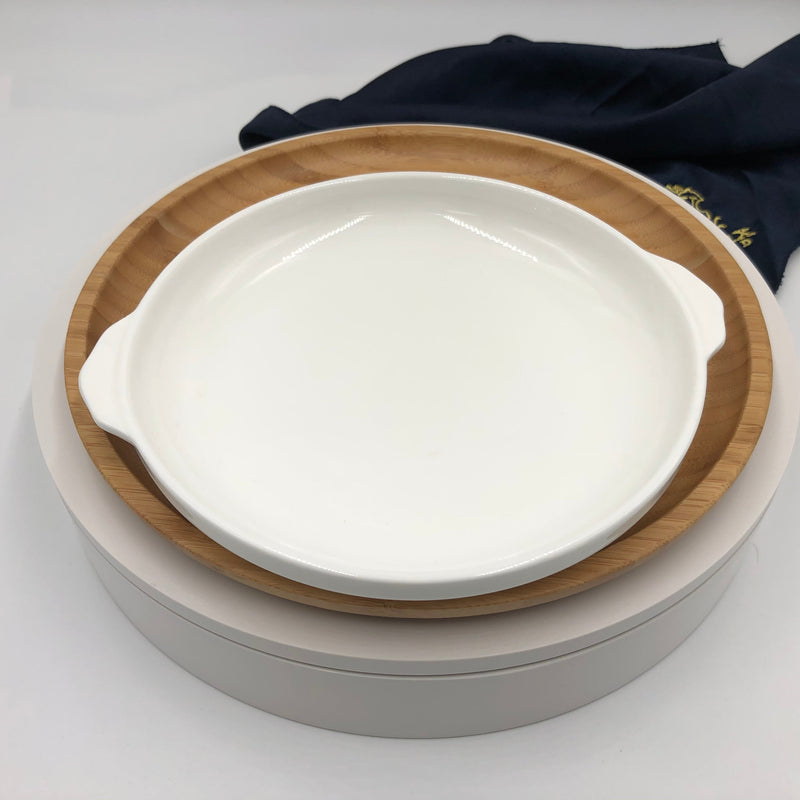 Bamboo And Fine Porcelain Round Baking Dish/plate Setting