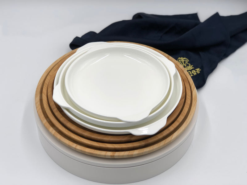 Set Of 3 Bamboo And Fine Porcelain Round Baking Dish/plate Setting