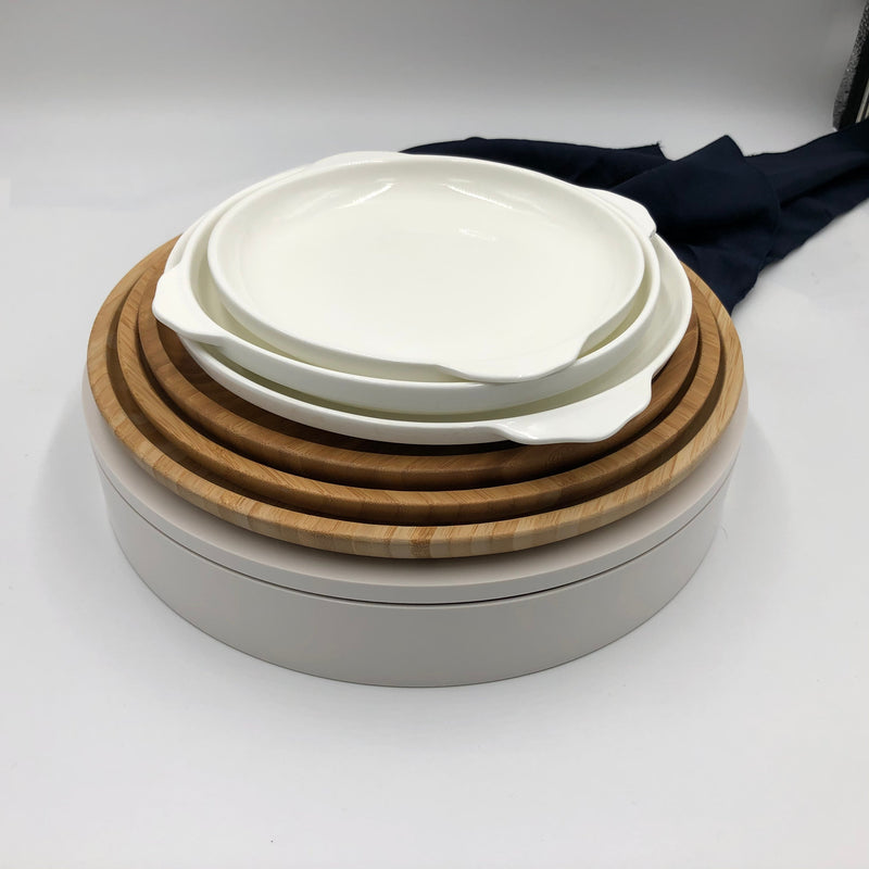 Bamboo And Fine Porcelain Round Baking Dish/plate Setting