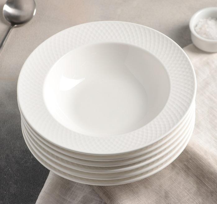 White Porcelain Deep Plate With Embossed Wide Rim 9" inch | Set Of 6 In Gift Box